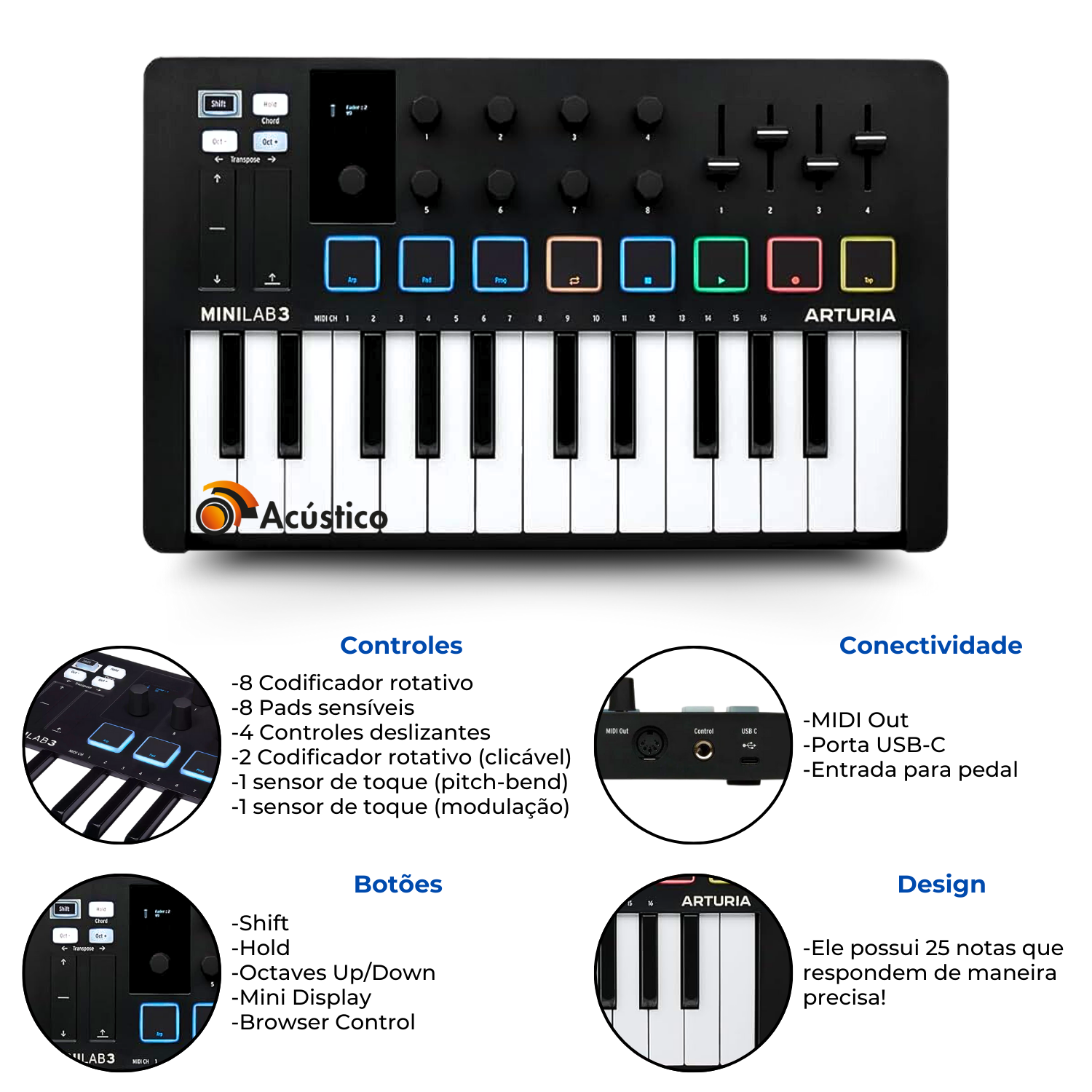 Teclado Controlador Arturia Minilab 3 Preto USB E MIDI - O