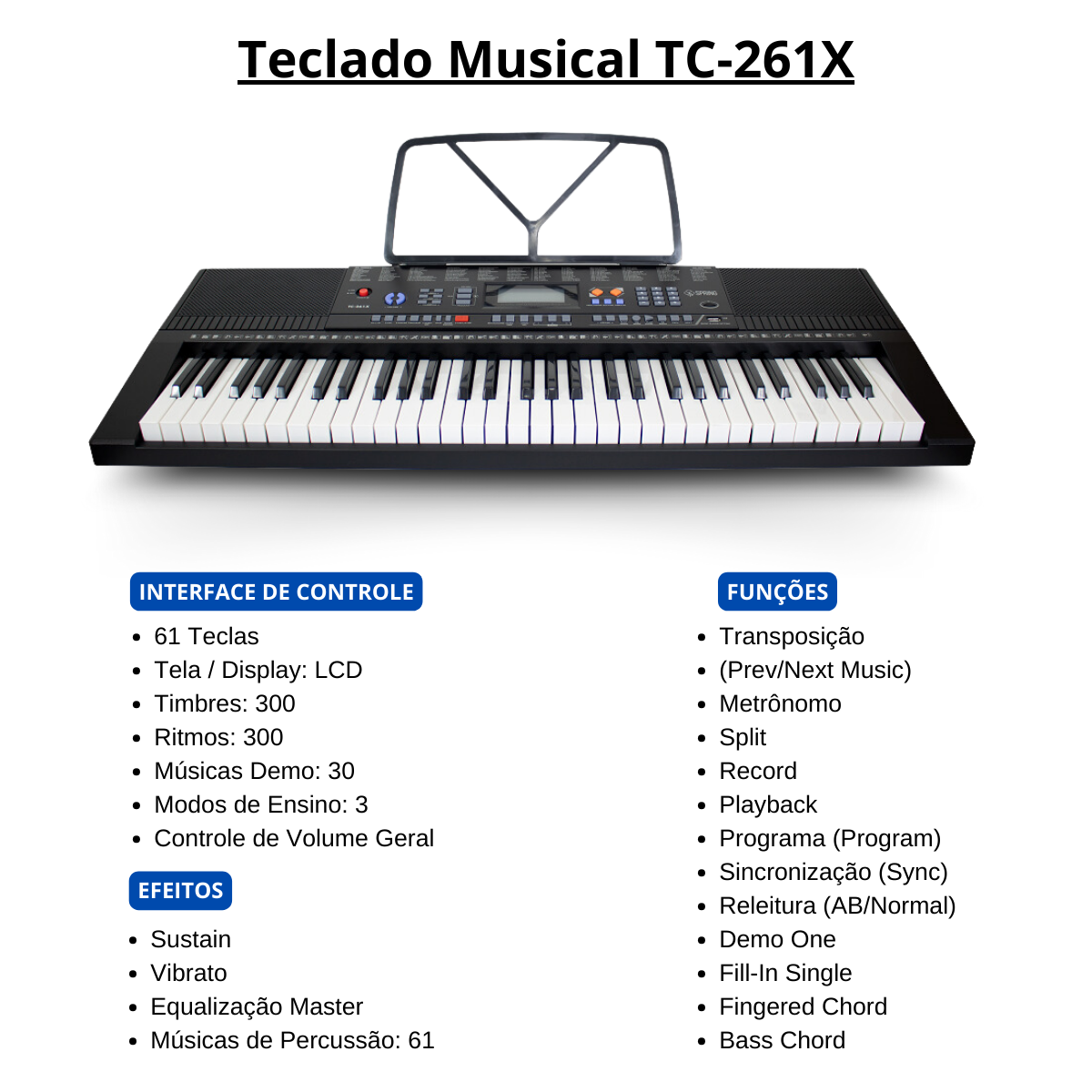 Teclado Musical Spring 61 Teclas Com USB Timbres E Ritmos - O