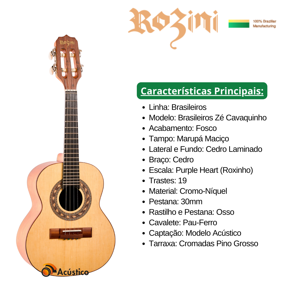 Cavaco Rozini Brasileiros Zé Cavaquinho Acústico Rc19 Maciço - O