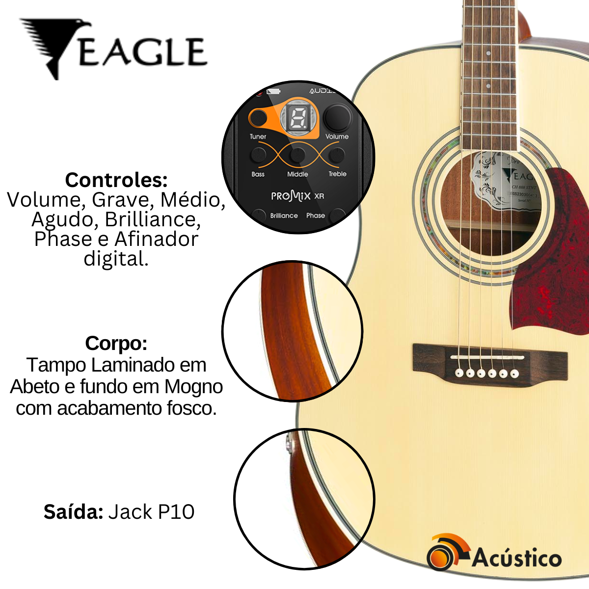 Violão Profissional Ativo Eagle CH888 Fosco Folk Aço Com Bag - O