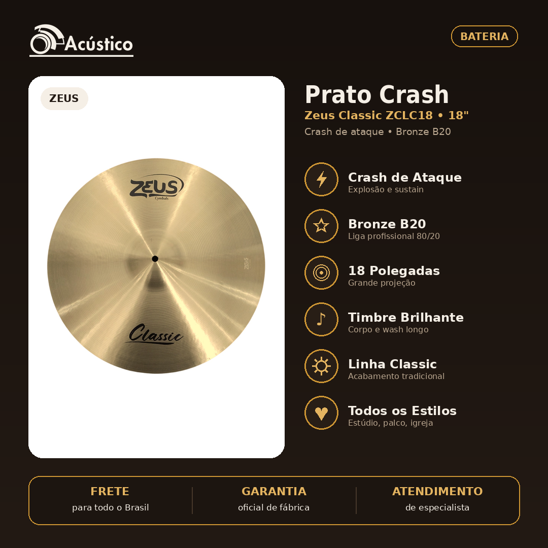 Prato Crash 18 Polegadas Zeus Classic Zclc18 Liga B20 - O Acústico
