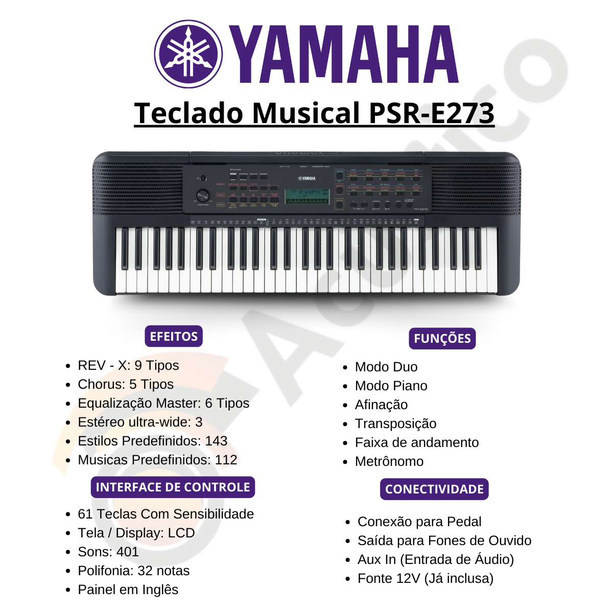 Teclado Musical Yamaha Para Iniciantes Com 61 Teclas PSR E273 - O