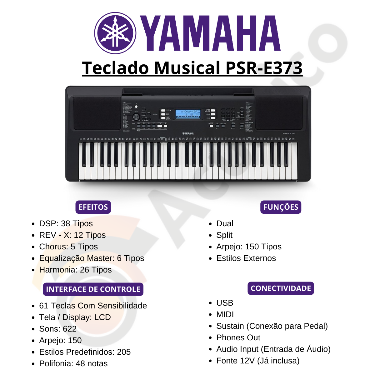 Teclado Musical Yamaha Para Iniciantes Com 61 Teclas PSR E373 - O