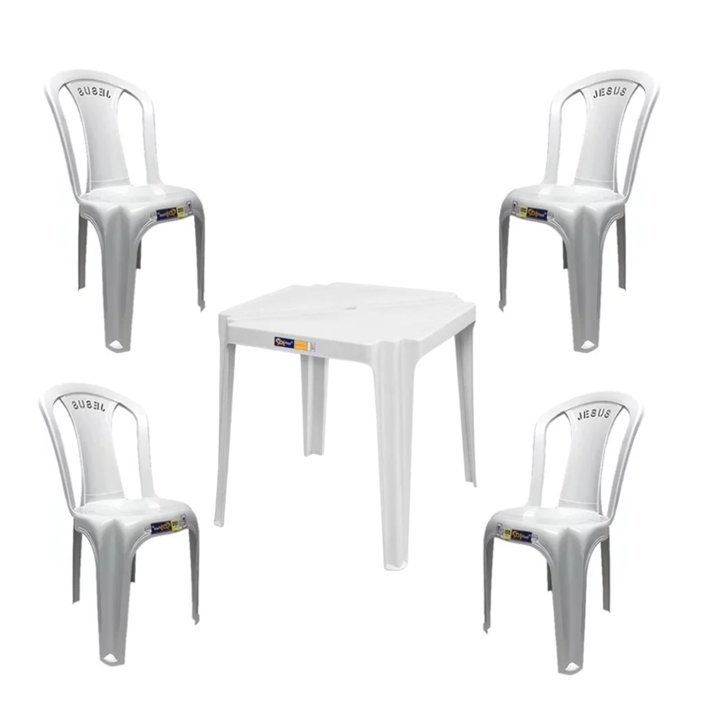 Conjunto Mesa E 4 Cadeiras Poltrona Plastico Branco 3 Jogos