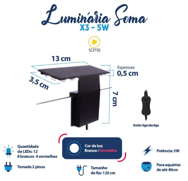 LUMINARIA LED SOMA X3 PRETA (5W) LED BRANCO/VERMELHO 127V Rei dos