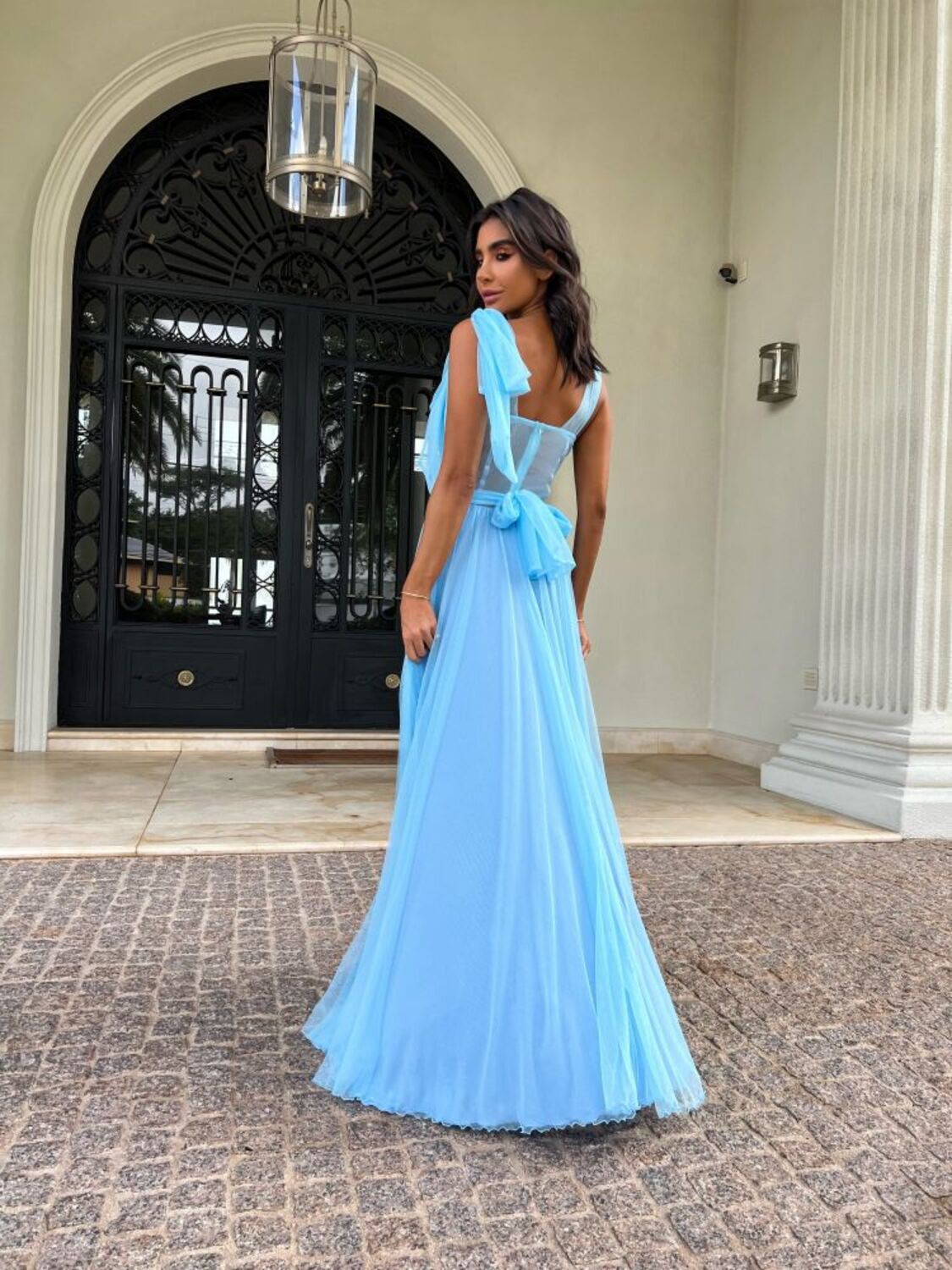 Vestido Longo Megan Pied Poule Azul Serenity - Boutique Soul Queens