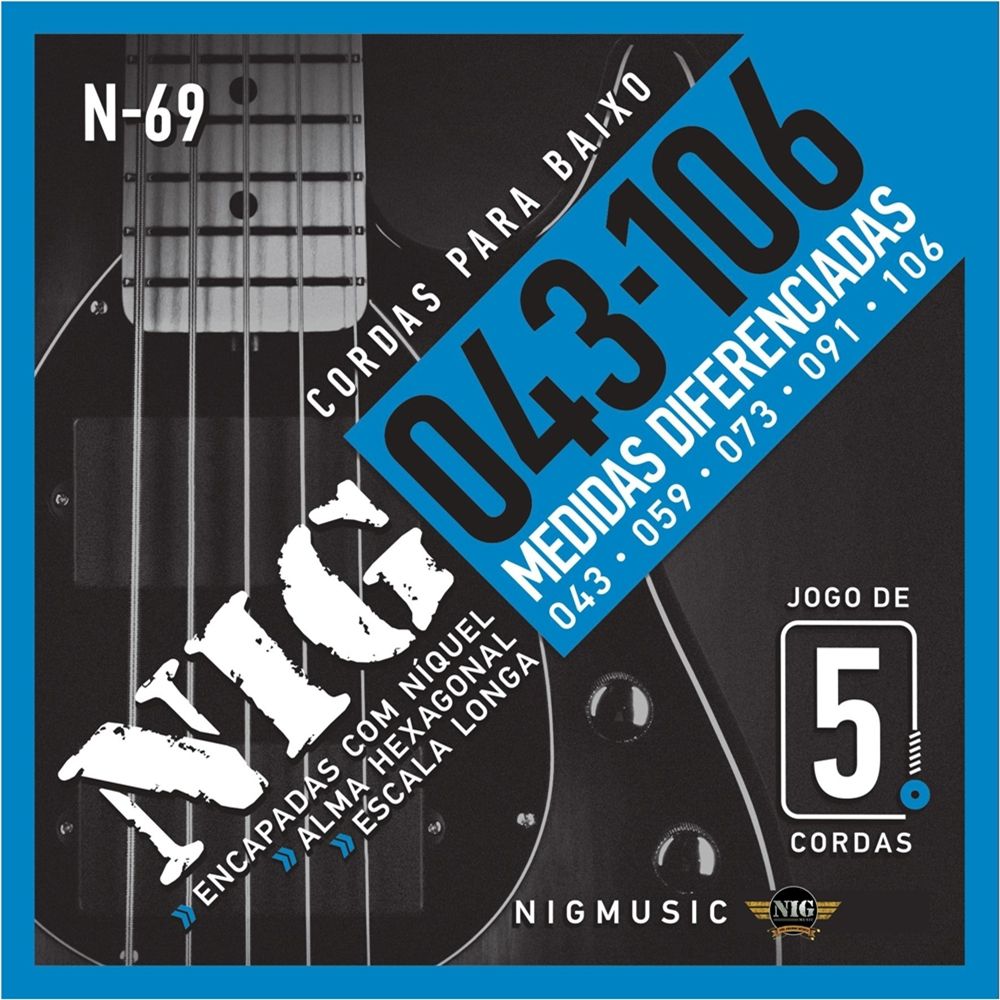 Encordoamento Nig Baixo 5 Cordas 043 106 Medidas Diferenciadas N69 (Nickel  Wound) - GUITAR 5 - Cordas e encordoamentos para guitarra, baixo e violão!