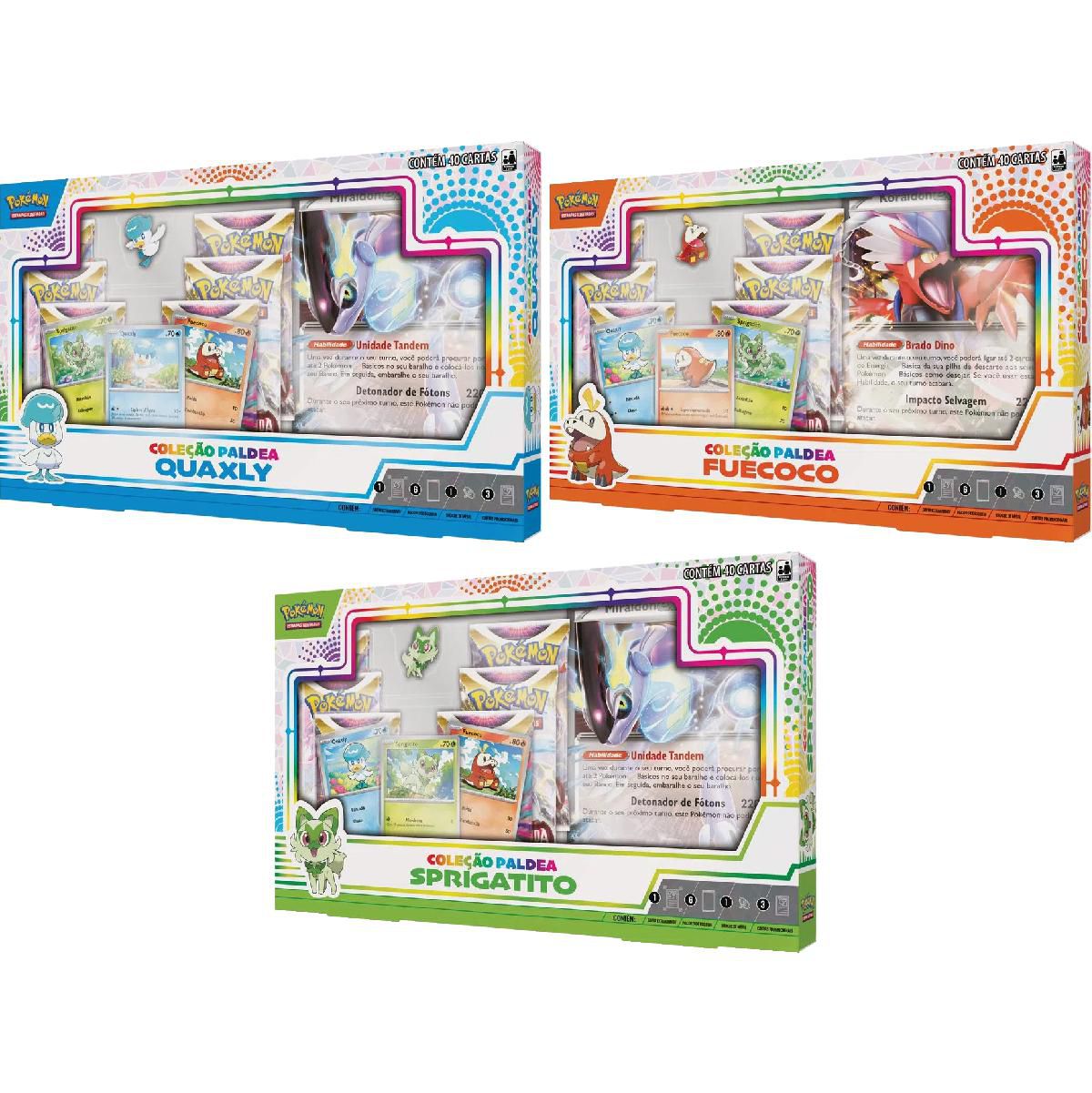 Box Pokémon Coleção Paldea Quaxly com Broche e Carta Gigante Miraidon EX  Copag