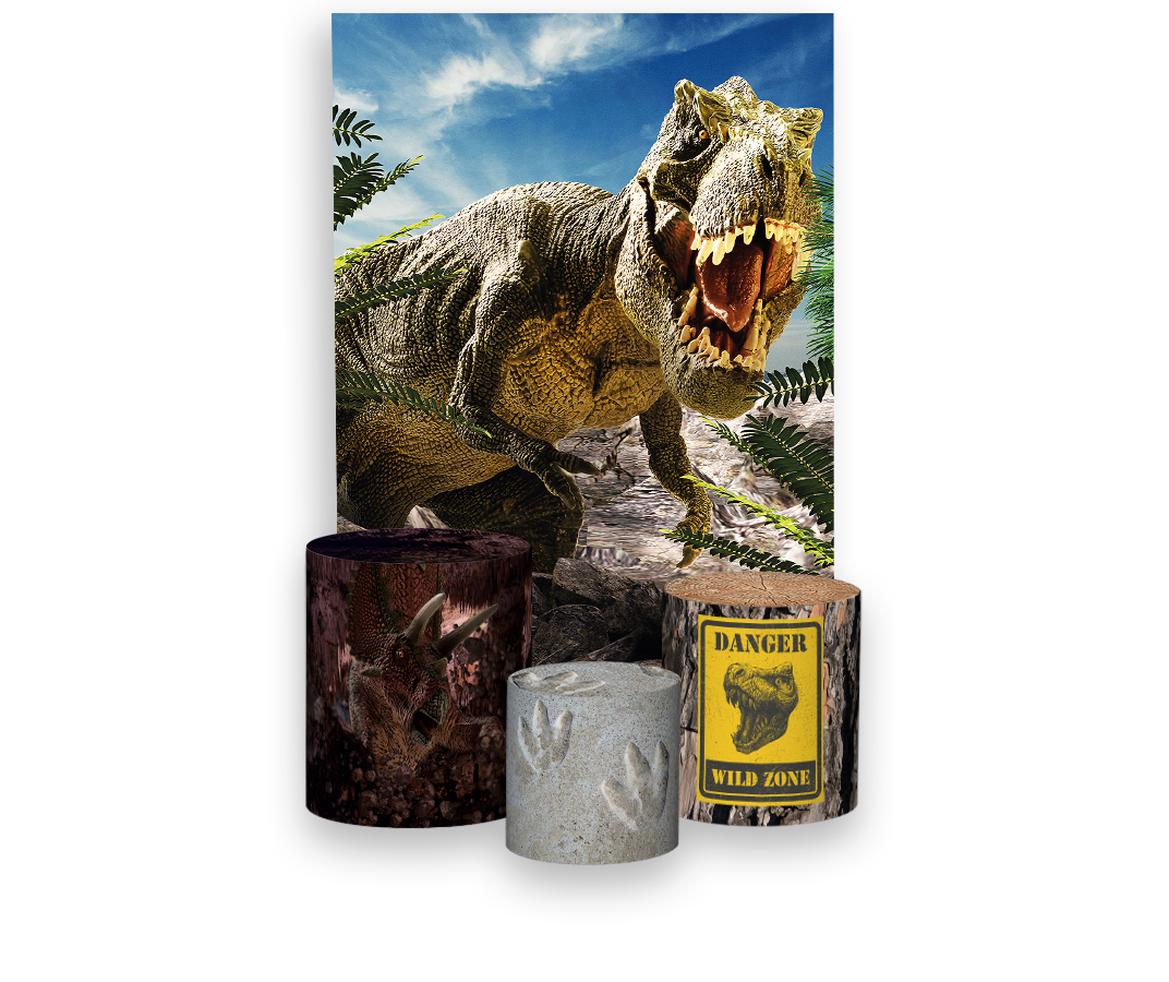 Painel De Festa Vertical + Trio De Capas Cilindro - Jurassic World Dinossauro  Rex Realista - Via Cores - Paineis de Festa