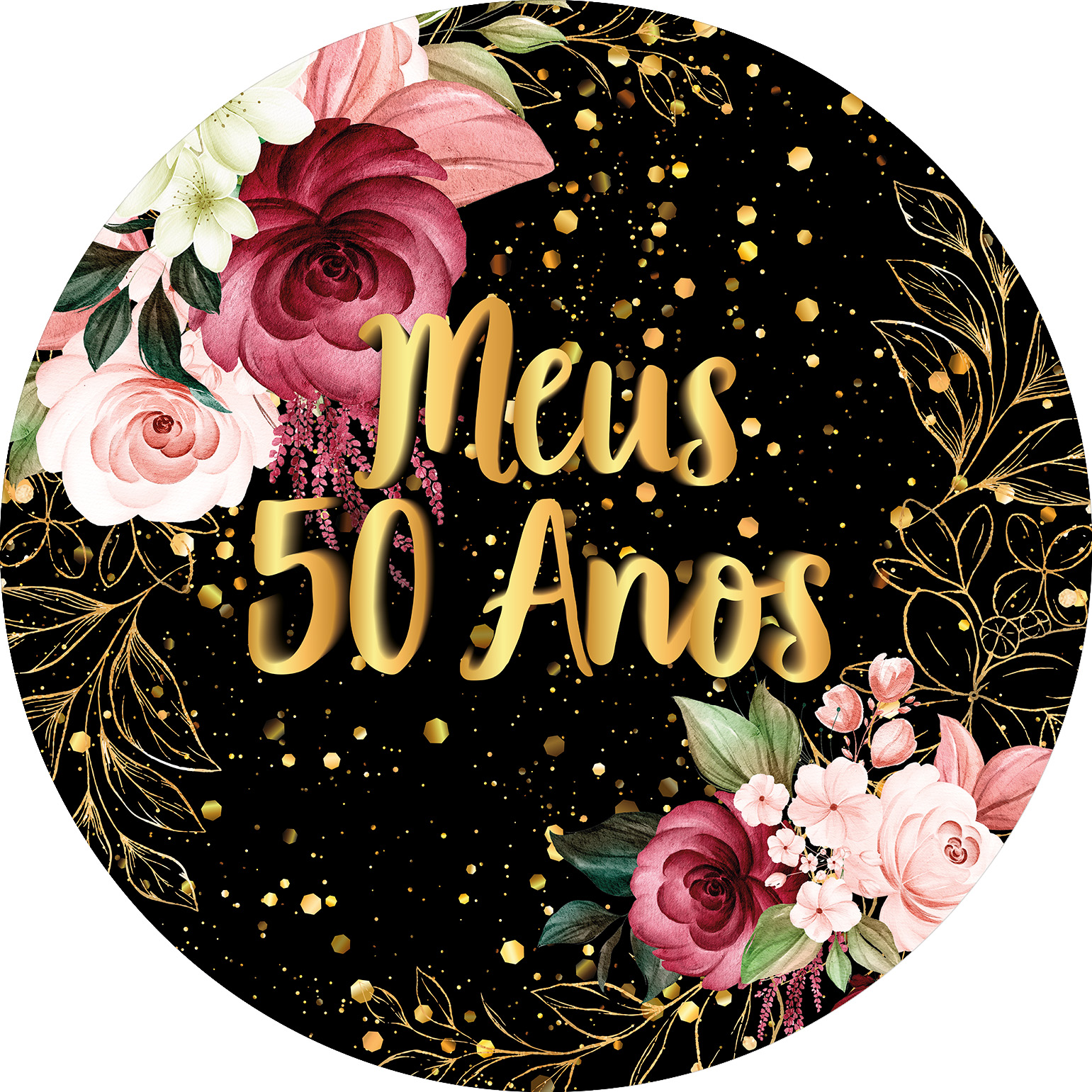 Painel de Festa em Tecido - Flores e Brilhos Meus 50 Anos Dourado - Via  Cores - Paineis de Festa