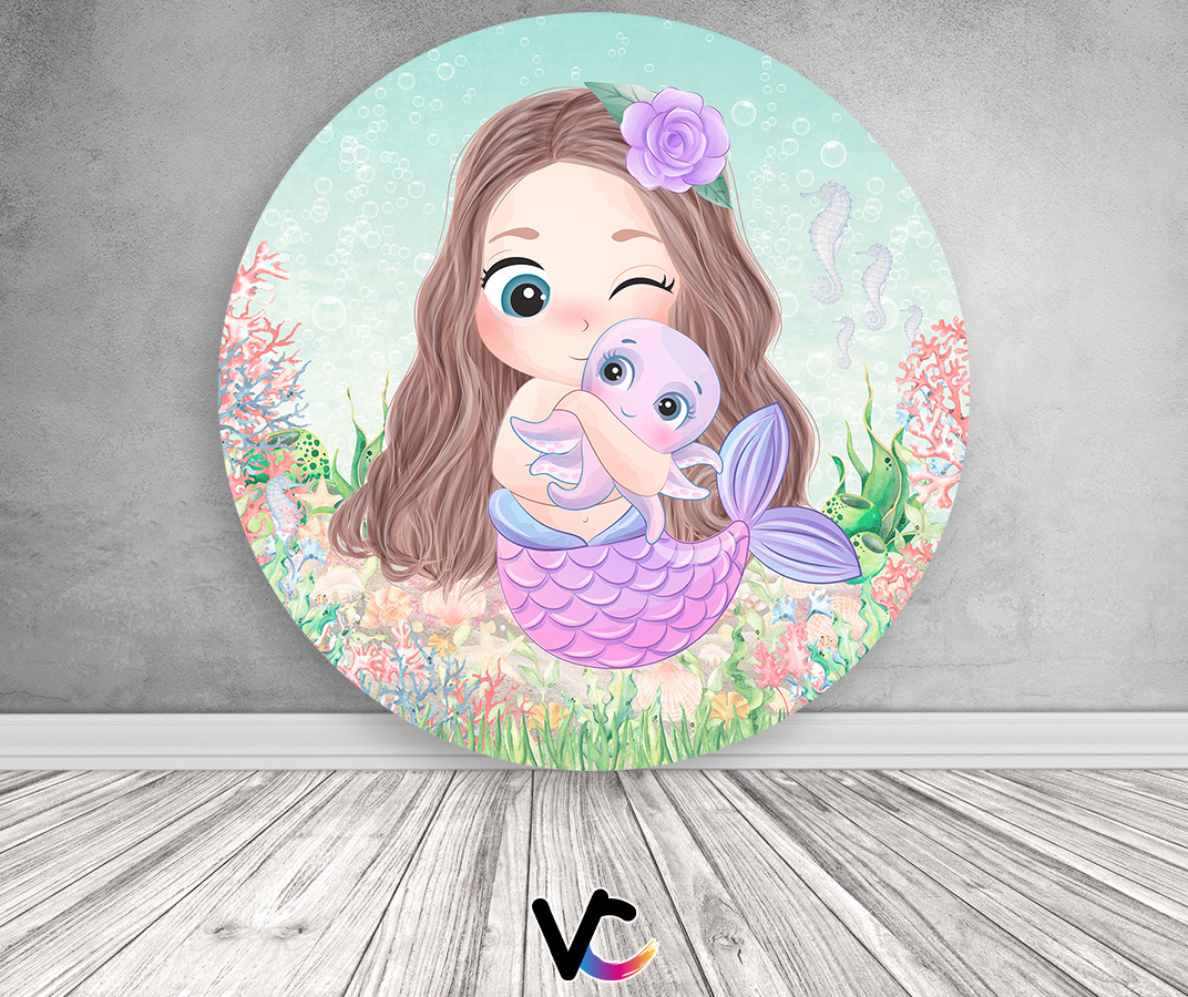 Painel De Festa Redondo 1,50x1,50 - Sereia Baby Cute 009 - Via Cores -  Paineis de Festa