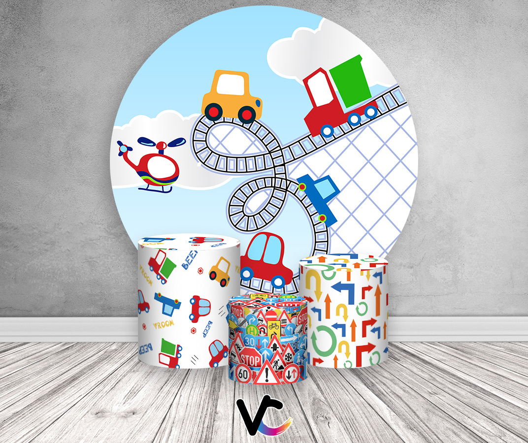 Painel De Festa Redondo 1,50 x 1,50 + Trio De Capas Cilindro - Carros ...