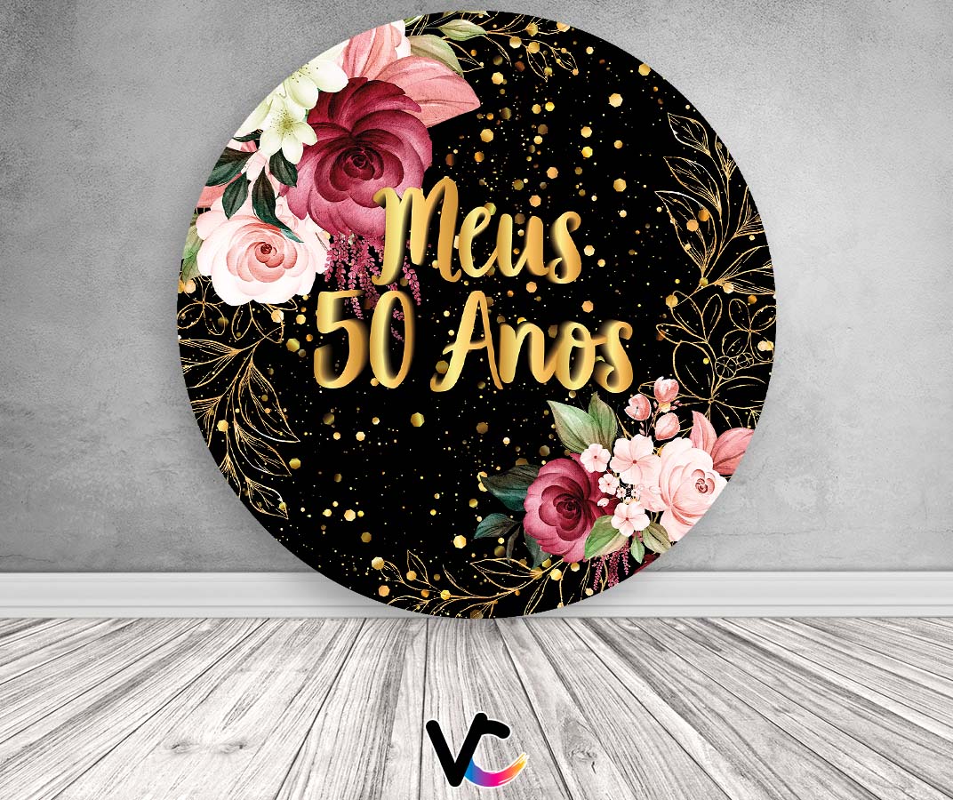 Painel De Festa Redondo 1,50x1,50 - Meus 50 Anos Dourado Floral 051 ...