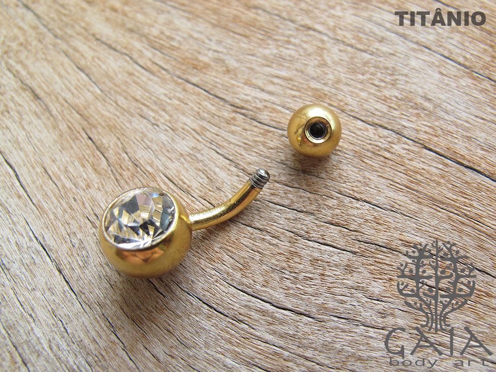 Piercing Umbigo Barbell Banabell Titânio Dourado Esferas com Zircônias