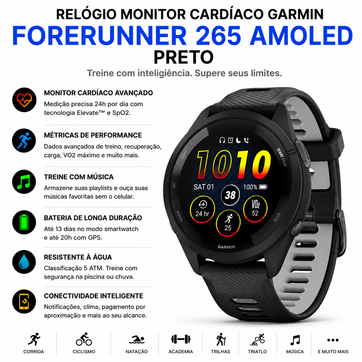 Garmin Forerunner 265 AMOLED Preto | Direct Esportes - Direct