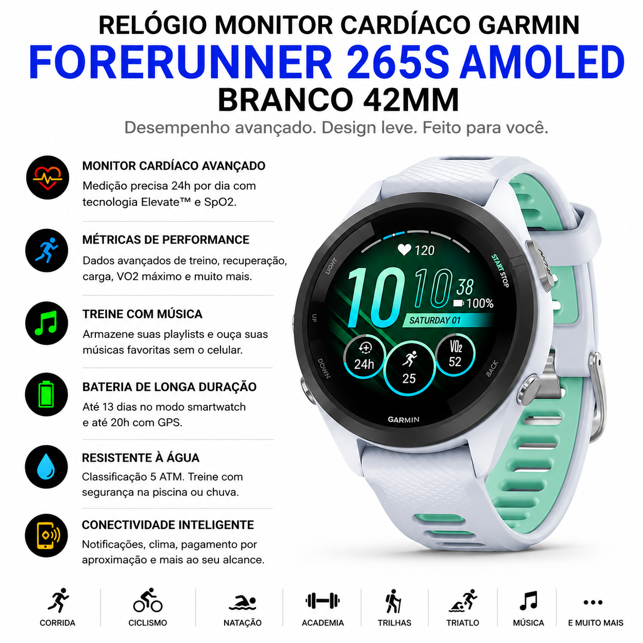 Garmin Forerunner 265S AMOLED Branco 42mm | Direct Esportes