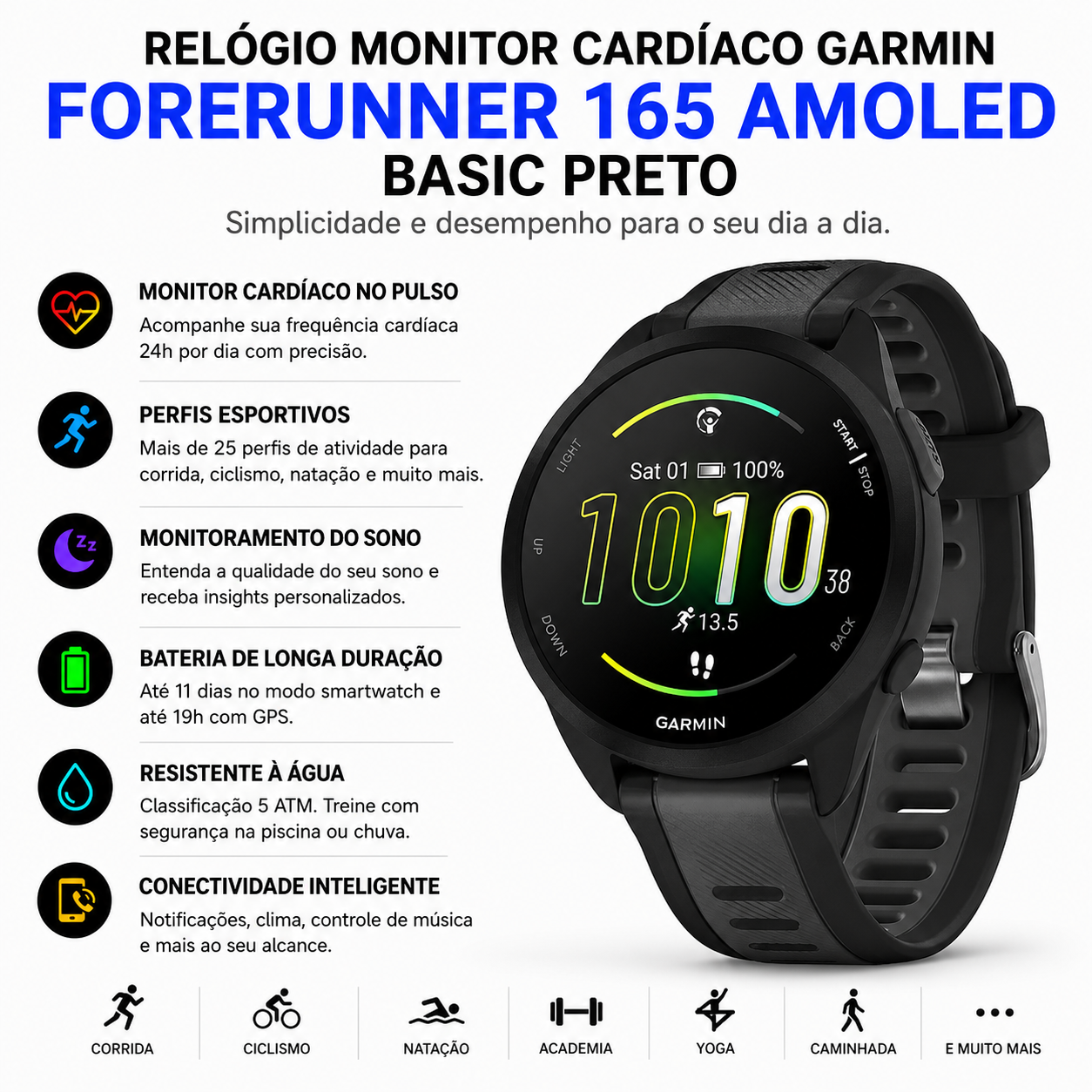 Garmin Forerunner 165 AMOLED Basic Preto | Direct Esportes