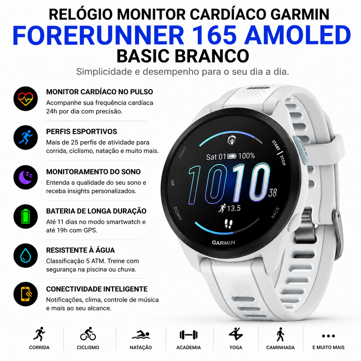 Garmin Forerunner 165 AMOLED Basic Branco | Direct Esportes