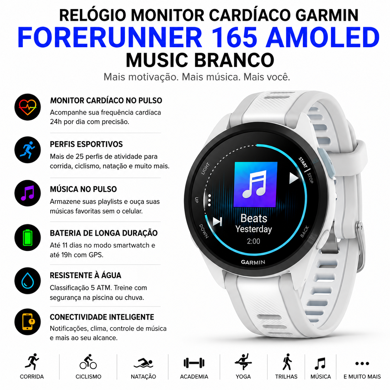 Garmin Forerunner 165 AMOLED Music Branco | Direct Esportes
