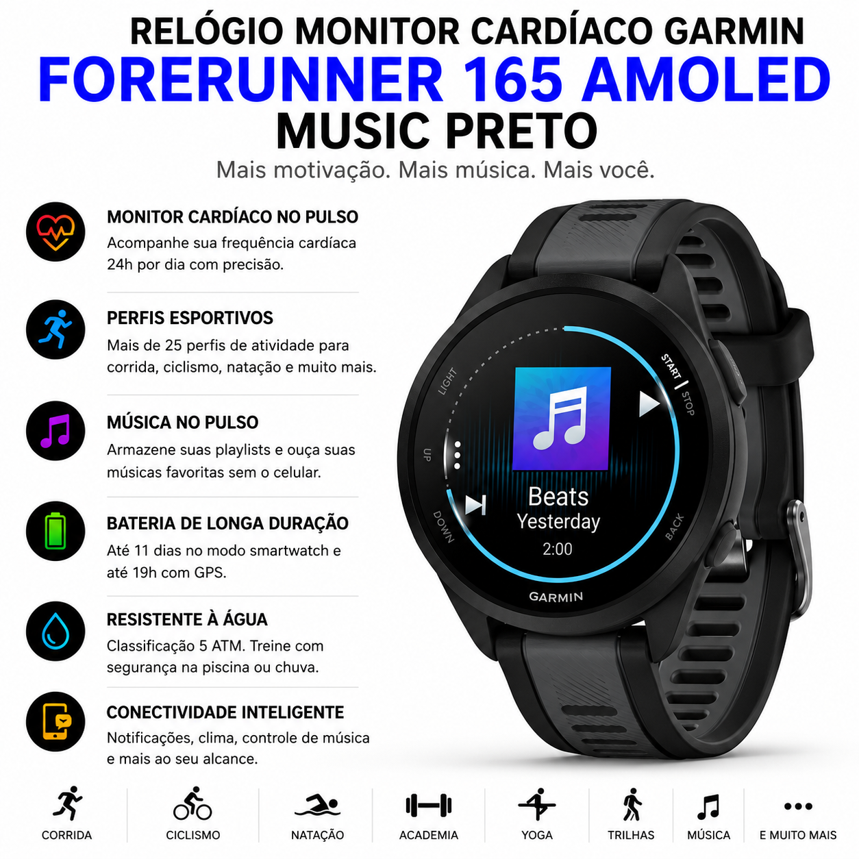 Garmin Forerunner 165 AMOLED Music Preto | Direct Esportes