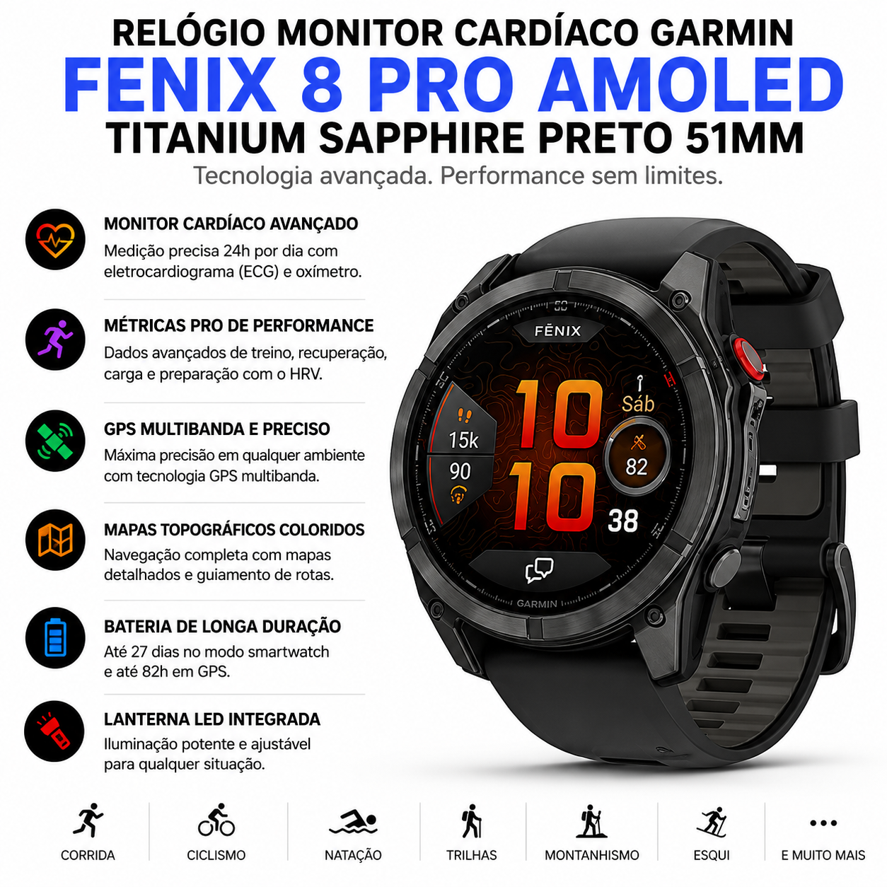 Garmin Fenix 8 Pro AMOLED Titânio Safira Preto 51mm | Direct