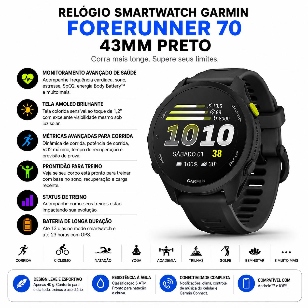 Garmin Forerunner 70 43mm Preto | Direct Esportes - Direct