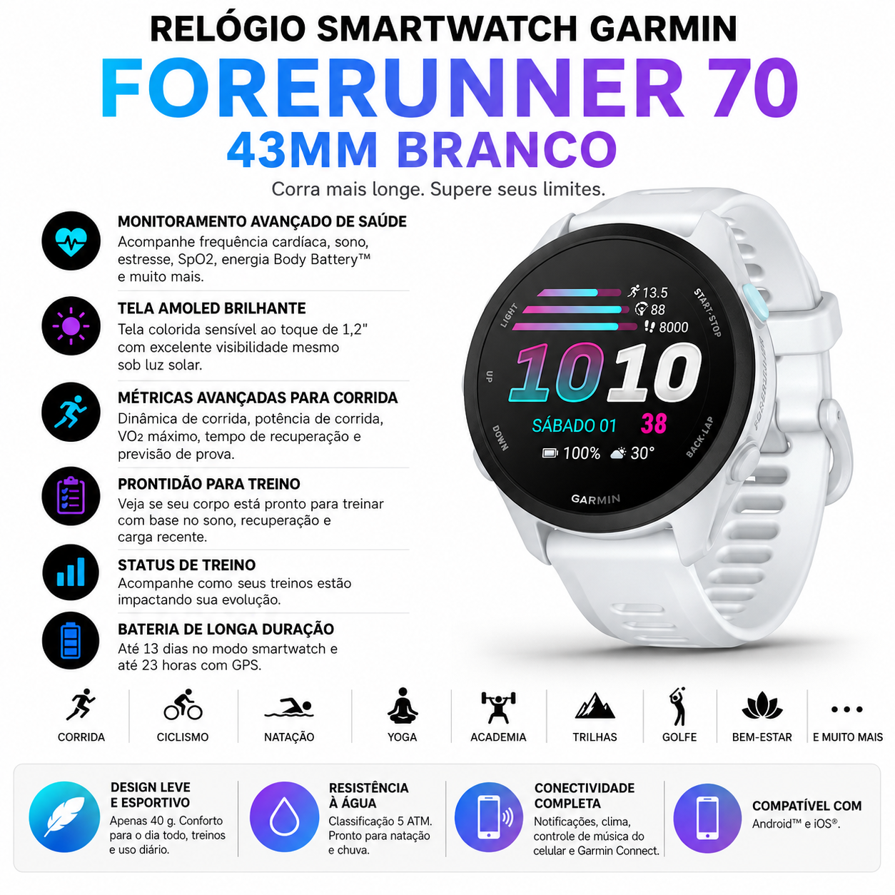 Garmin Forerunner 70 43mm Branco | Direct Esportes - Direct