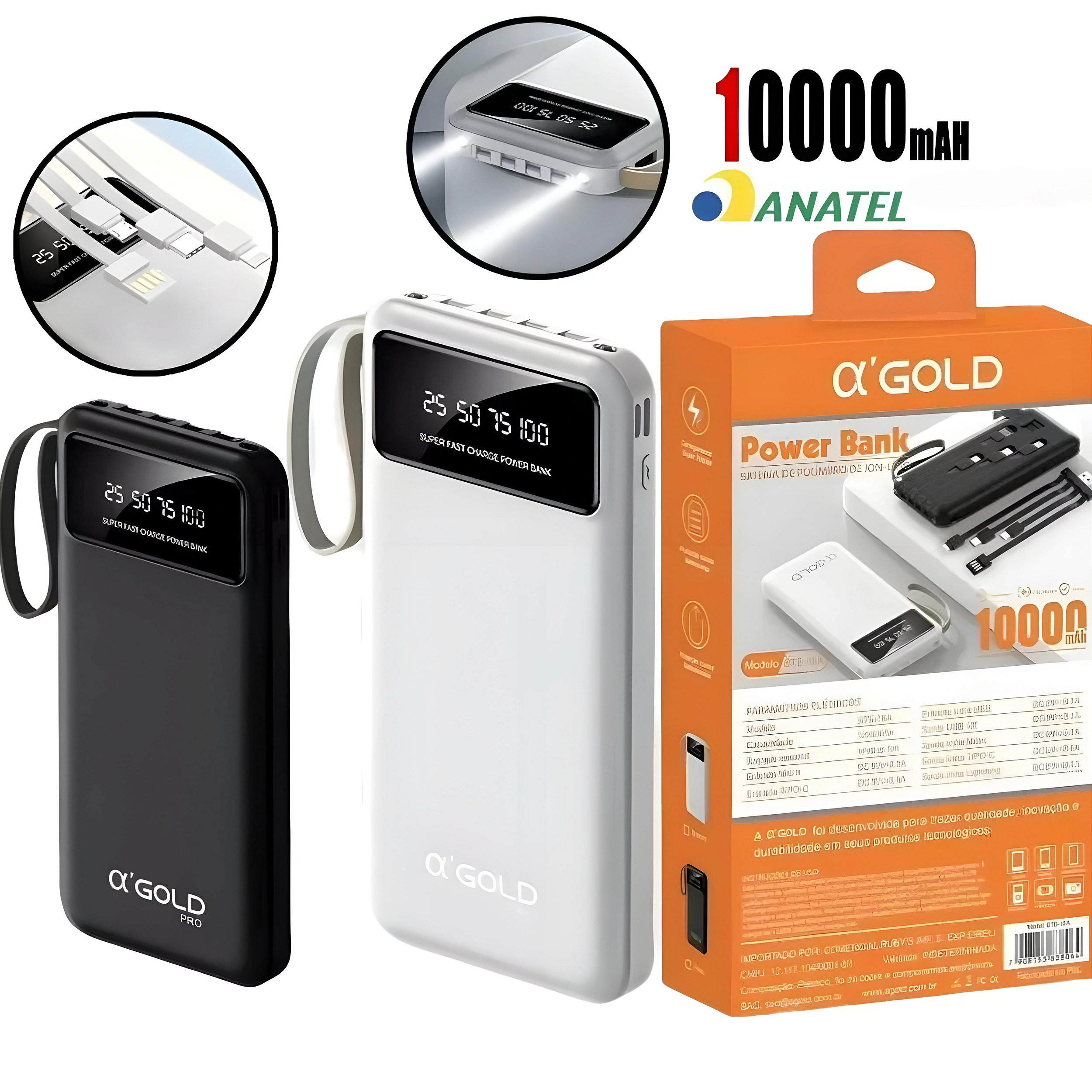 Carregador Portátil 4 Saídas Visor e Lanterna 10000mAh A'Gold BTE-18A ...