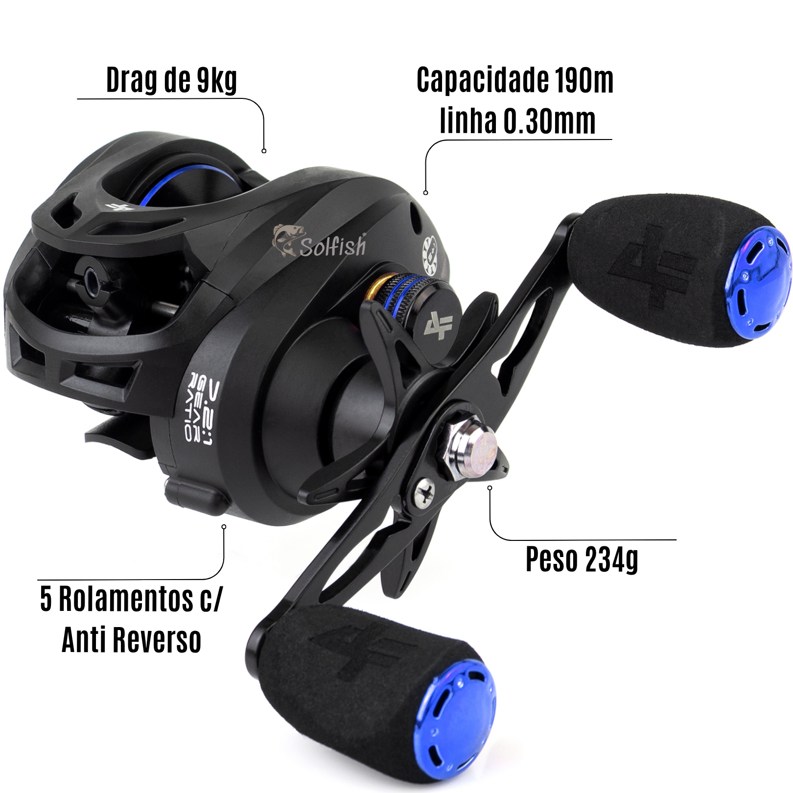Carretilha Albatroz M21 Pro 6 Rolamentos Drag 9kg - Azul - Solfish