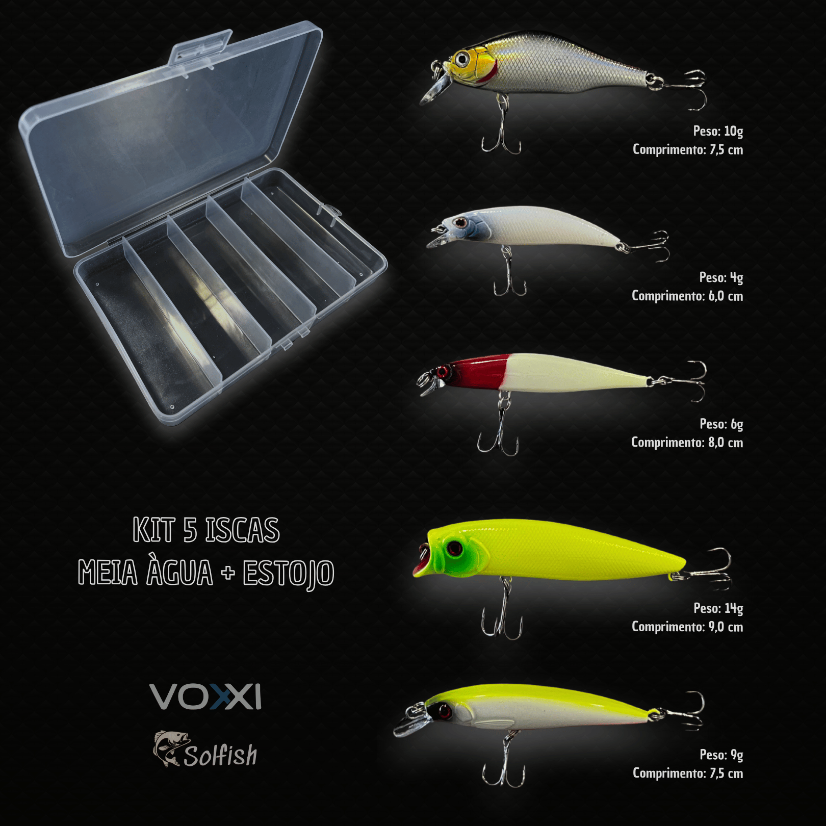 小物 i a i Kit 5 Iscas Artificiais Voxxi Meia Agua + Estojo - Solfish