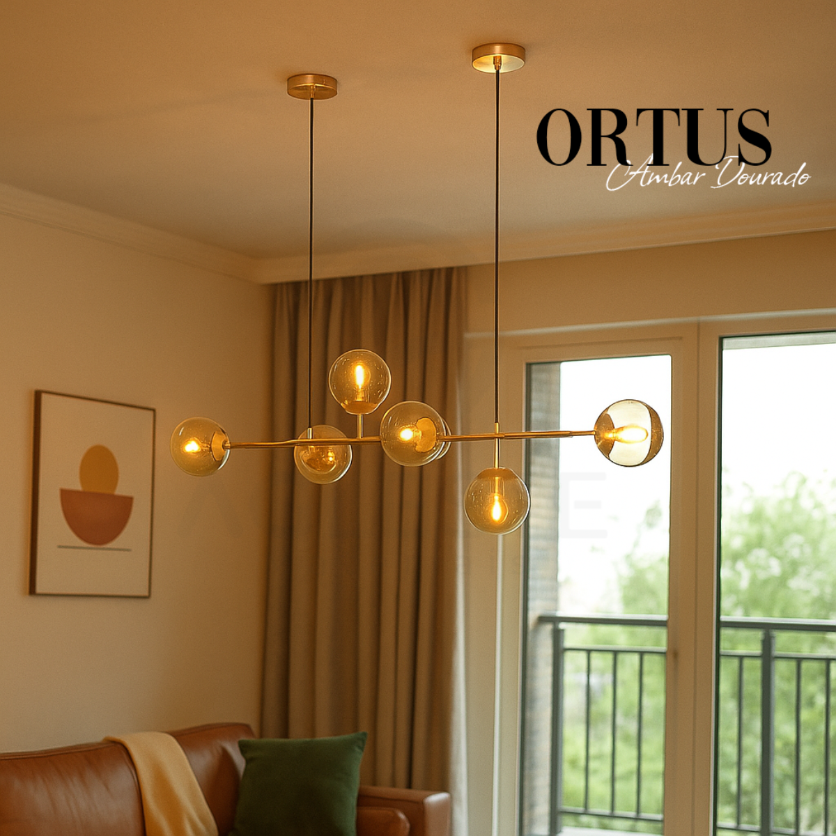 PENDENTE ORTUS 6XE14 VIDRO ÂMBAR + DOURADO – HEVVY. - AG Leste