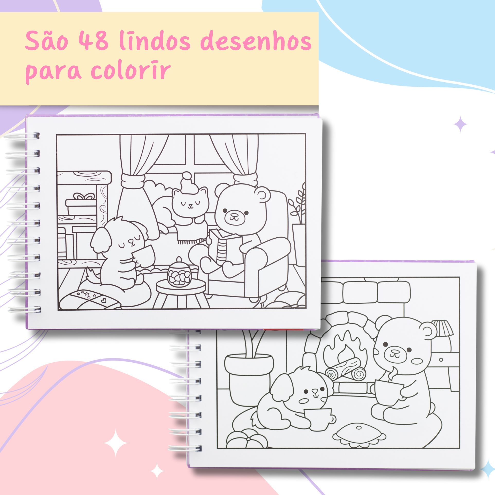 Livro de Colorir Cozy Friends Capa Dura Holográfica 48 Desenhos ...