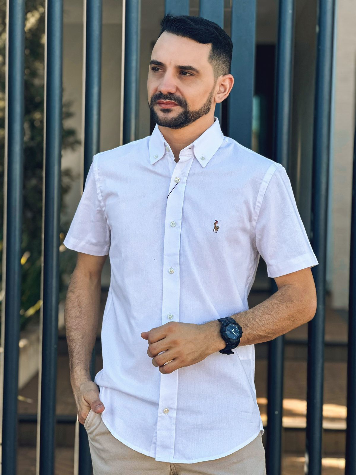 Camisa Calvin Klein Botões Manga Curta Masculina - Branco