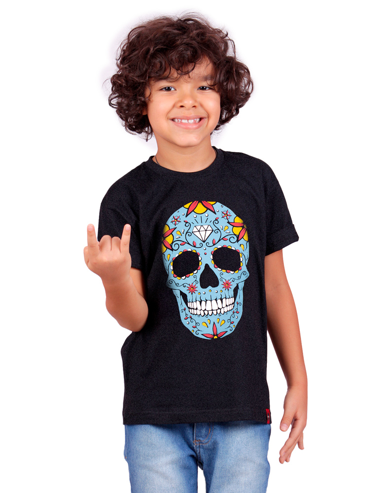 Camiseta Infantil Caveira Mexicana Preta - Atacado Art Rock