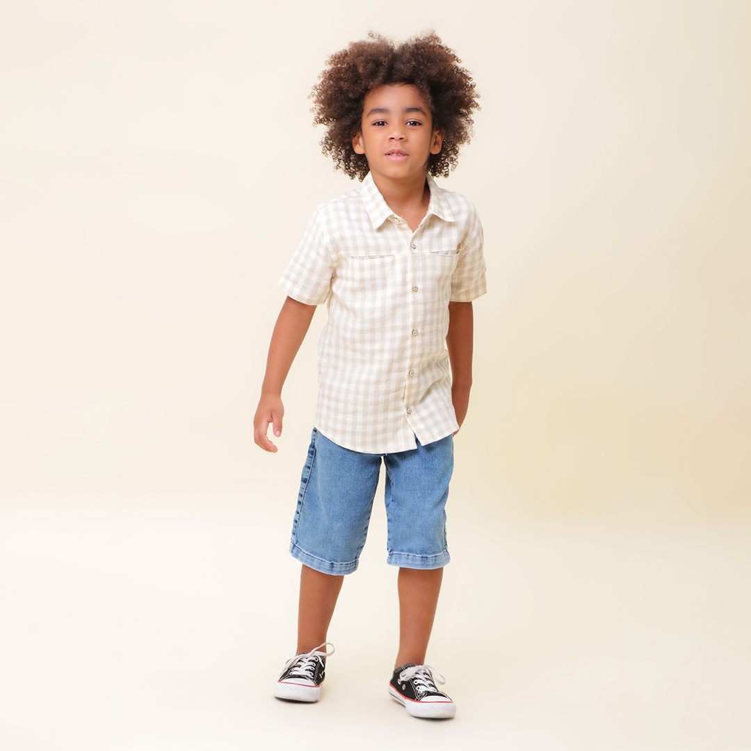 Camisa xadrez com store bermuda jeans masculina