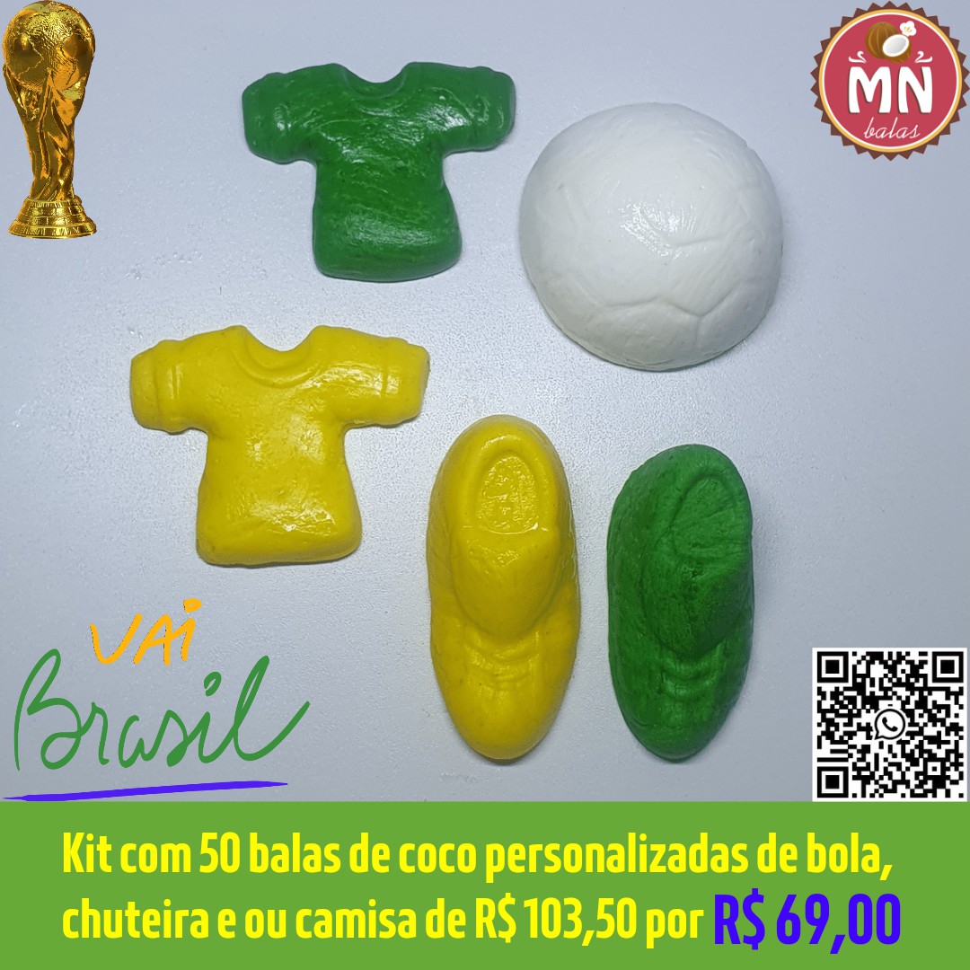 Kit com 50 balas personalizadas da Copa do Mundo - MN Balas de Coco