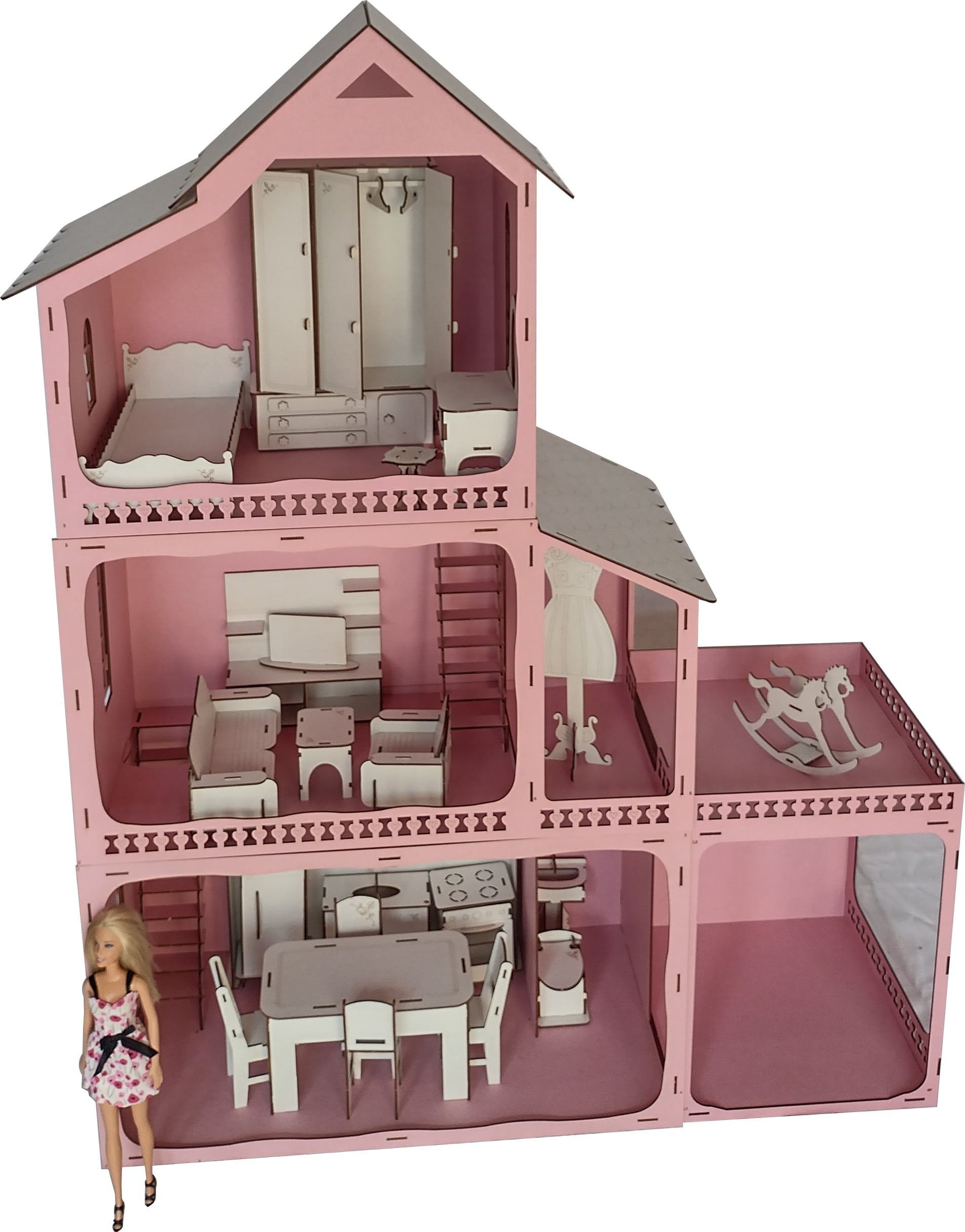 Casa Casinha Da Barbie + Garagem em Mdf Rosa e Branco Com 22