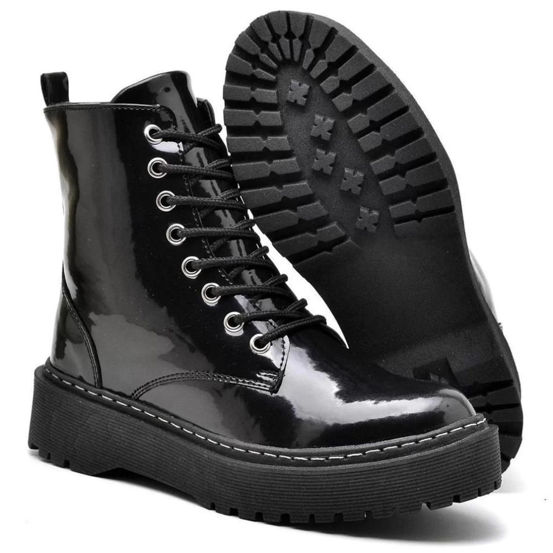 Bota Coturno Cano curto Tratorada Blogueira Preta Verniz