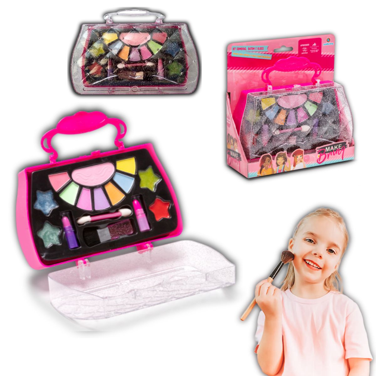 Kit Maquiagem Infantil Polibrinq Sombras+Batom+Gloss MK06