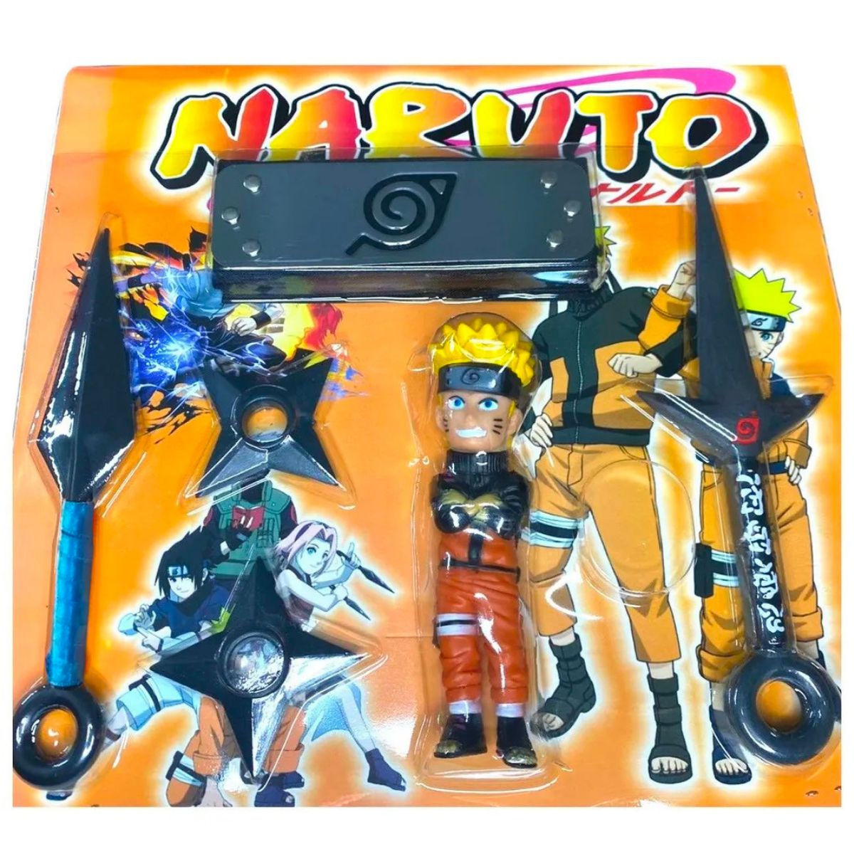 Kit Naruto Infantil - Boneco Naruto + Bandana Aldeia da Folha + Anel Itachi  + Colar Tsunade
