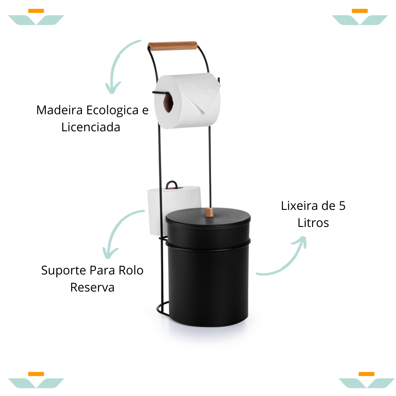 Lixeira Com Porta Rolos Papel Higiênico 5 Litros Com Madeira Preto - Zm ...