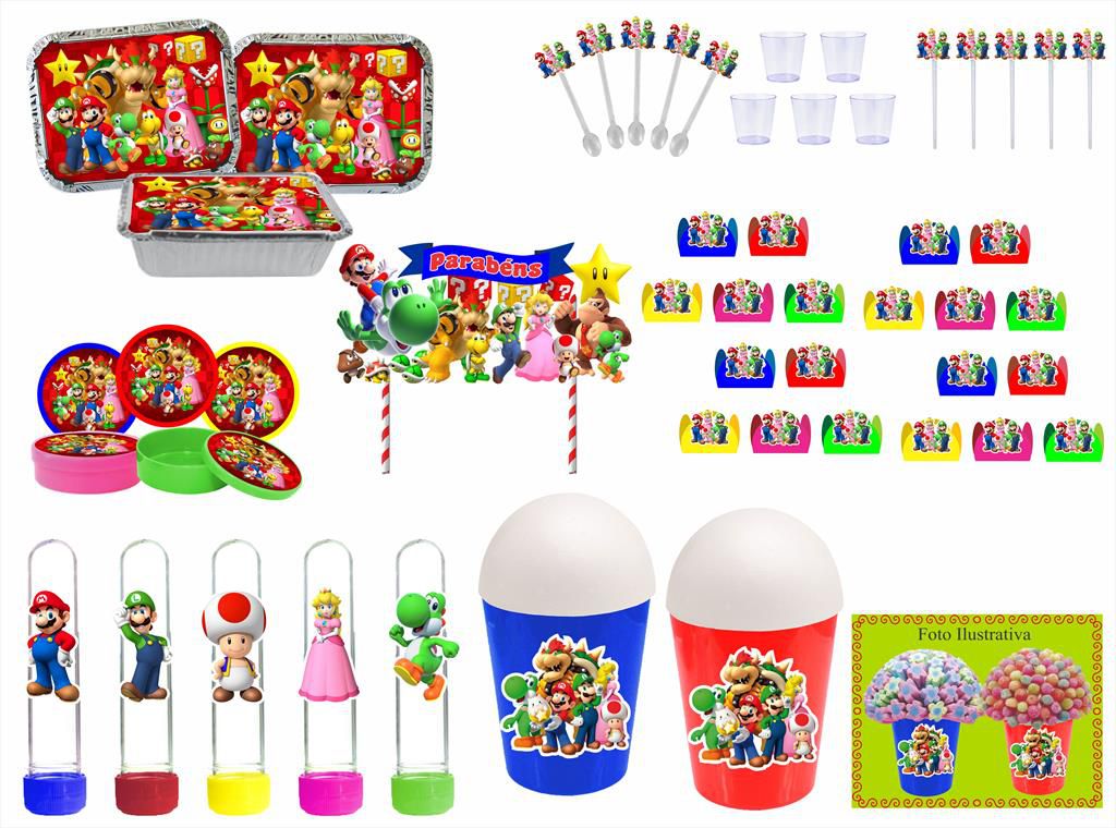 Kit Festa Super Mario Bros 283 peças (30 pessoas) marmita vso - Ateliê Festa  e Magia