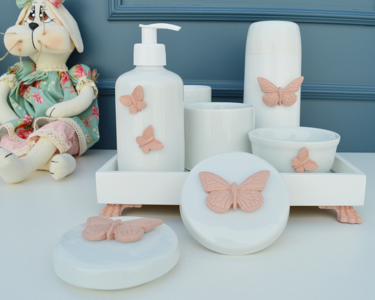 Kit Higiene Bebe Borboleta Rosa Em Mdf