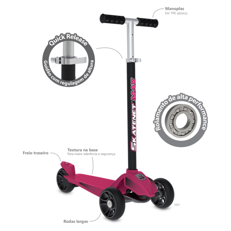 Patinete Skatenet Max Rosa - 1531 - Bandeirante - Real Brinquedos