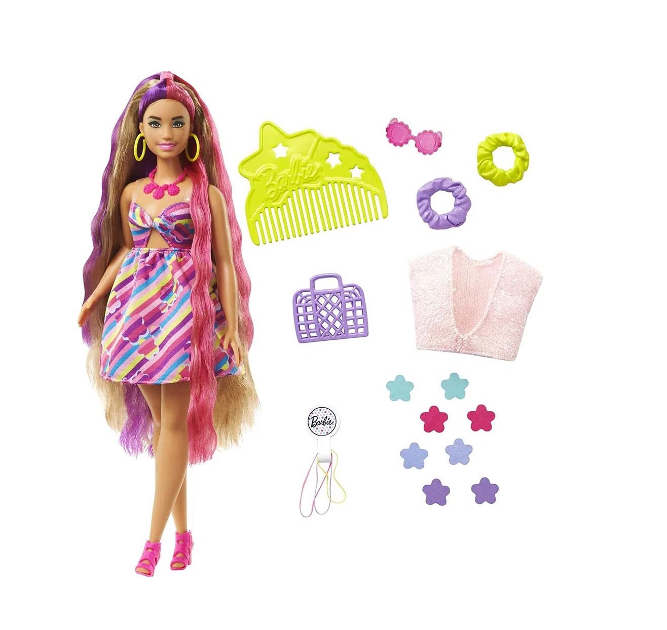 Boneca Barbie Totally Hair - Vestido Listrado - Morena - HCM90