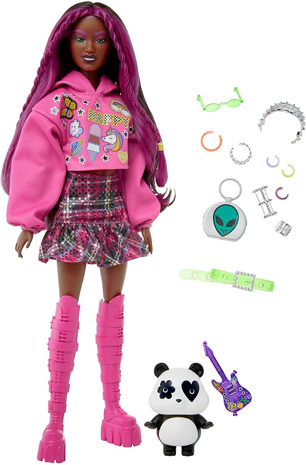 Barbie Extra - n° 19 Negra - Cabelo com Mechas Saia Xadrez e Panda - G -  Real Brinquedos
