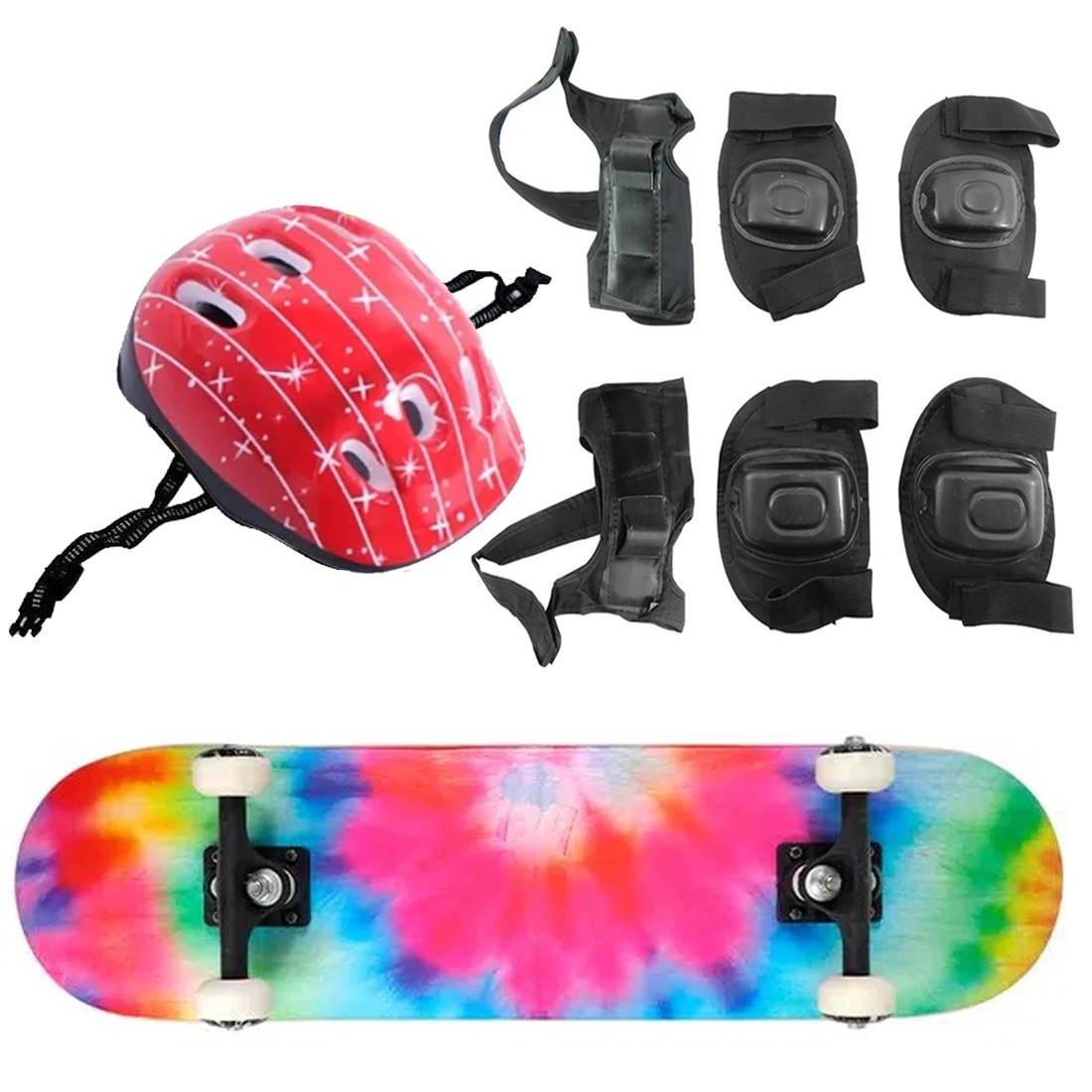 Skate Semi Profissional + Kit Proteção Completo - Estampa Colorido - 4 -  Real Brinquedos