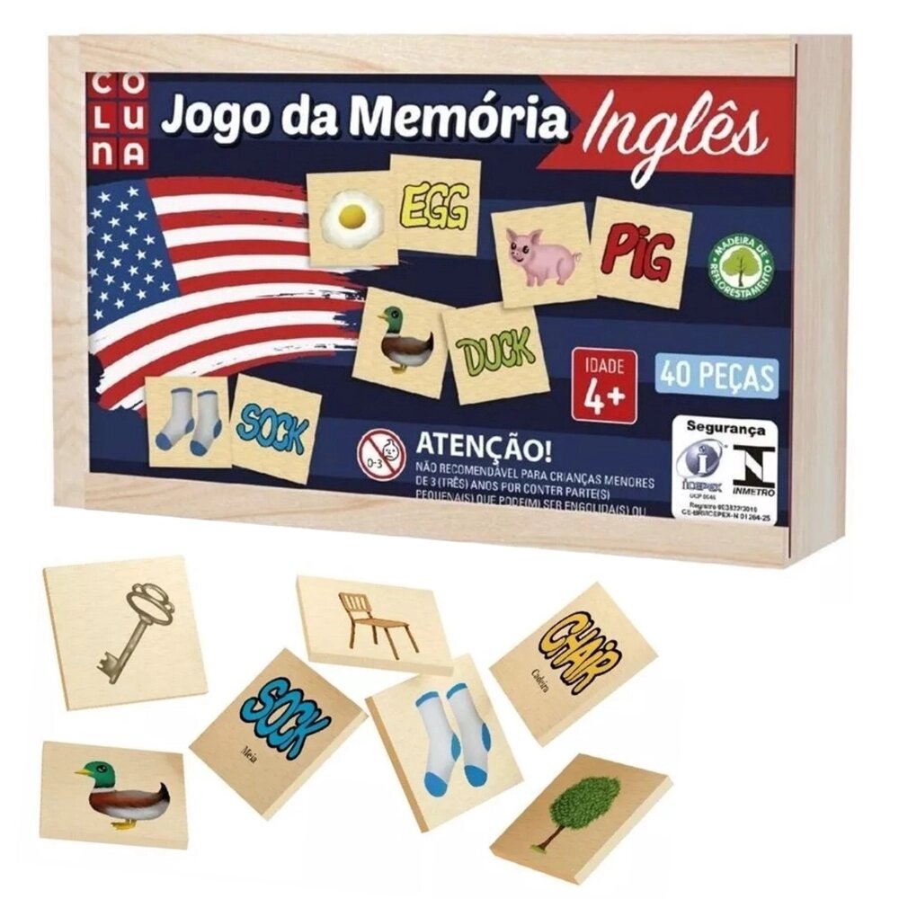 Jogo da Memoria Ingles em Madeira - Coluna 790704 - Pais e Filhos - Real  Brinquedos