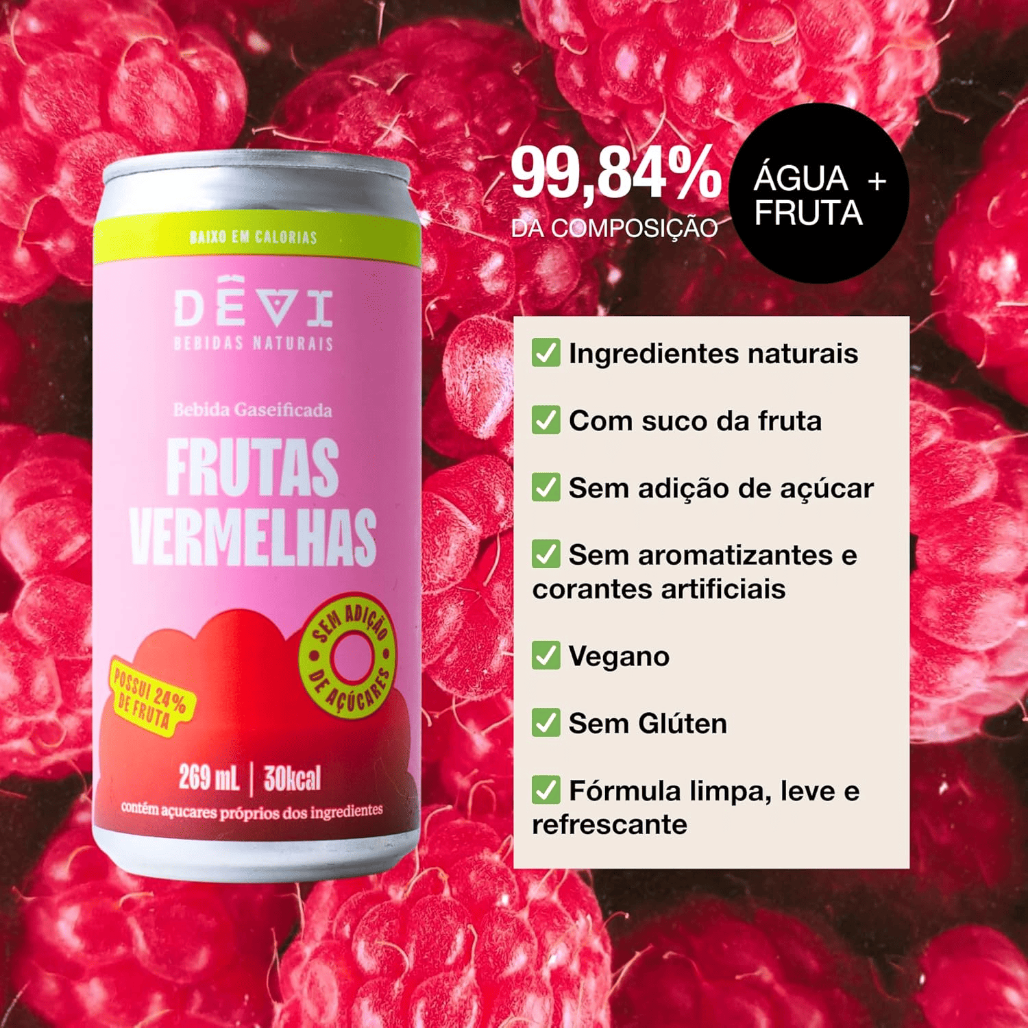 Refrigerante Vegano Natural DÊVI Frutas Vermelhas 269ml - Evolveg