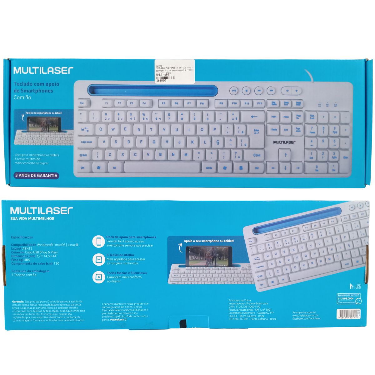 Multilaser Keyboard TECLADO MULTIMIDIA OFFICE USB BRANCO C/ APOIO SMARTPHONE R.TC263 ...